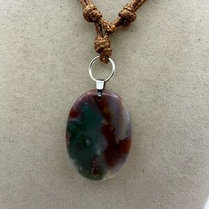 Simple Oval Ocean Jasper Pendant on Brown Adjustable Rope